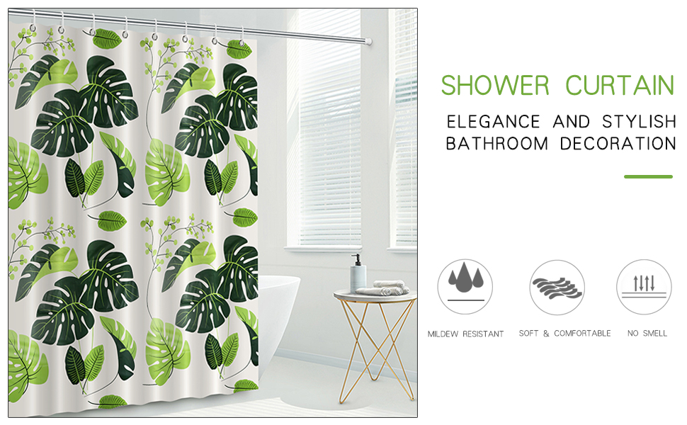 Шторка для душу 180x200 см біла антигрибкова з отворами, з квітами Монстера, водонепроникна, для ванни, миється