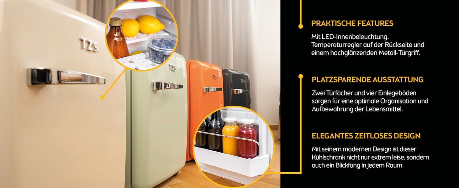 Міні-холодильник TZS First Austria 40L, безшумний, ретро-дизайн, LED, 40 літрів, кремовий