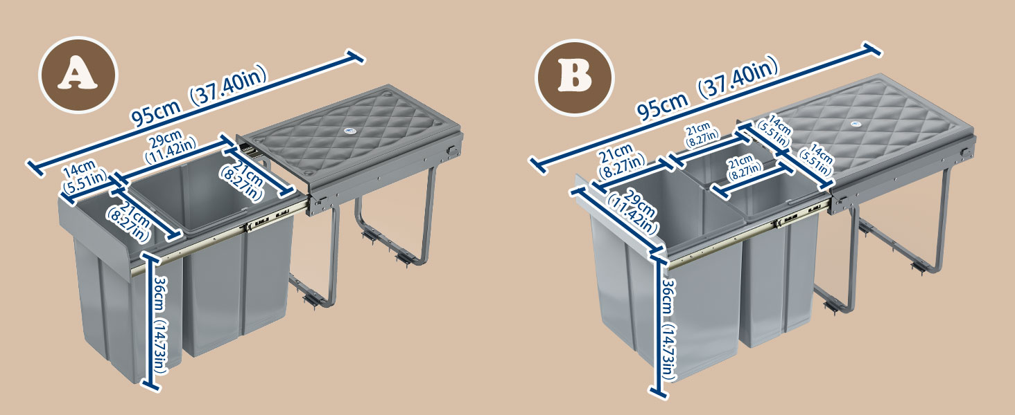Вбудований контейнер для сміття HENGMEI з висувними ящиками для сортування, сірий (1x20L + 2x10L)