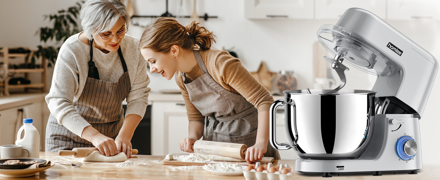 Кухонна машина-міксер 1800W з чашею 7.2L з нержавіючої сталі, 6 швидкостей, низький шум, багатофункціональна (срібна)