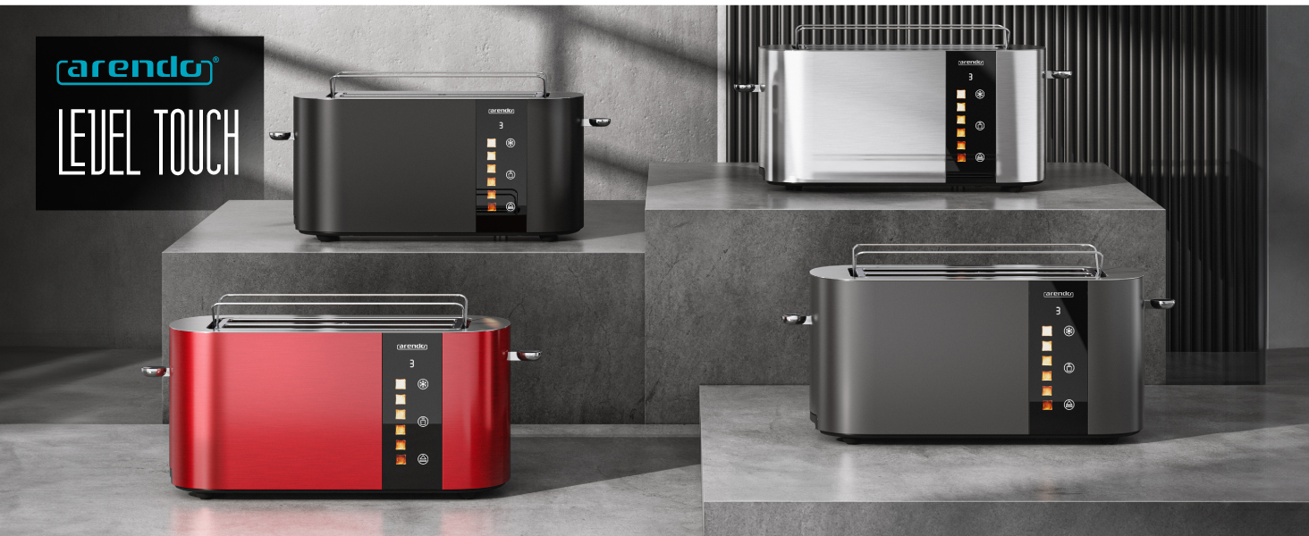 Тостер Arendo з нержавіючої сталі, 4 слоти, сенсорний екран, подвійні стінки, 1500 Вт, підставка для булочок, 6 ступенів підсмажування, центрування хліба, таймер, пам'ять, колір: сталевий