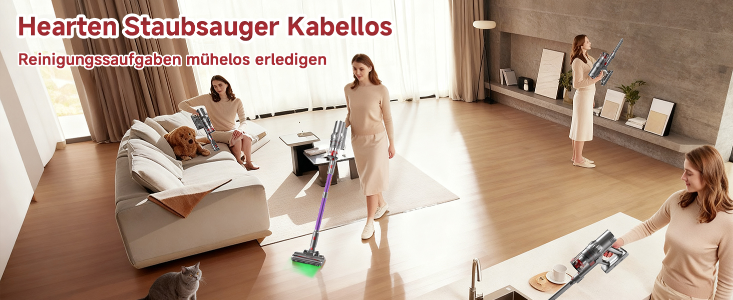 Бездротовий пилосос Hearten 4-в-1 з акумулятором, LED-дисплеєм та щіткою проти намотування, керуванням в один дотик, LED-підсвічуванням для шерсті тварин/килимів/твердих підлог, фіолетовий