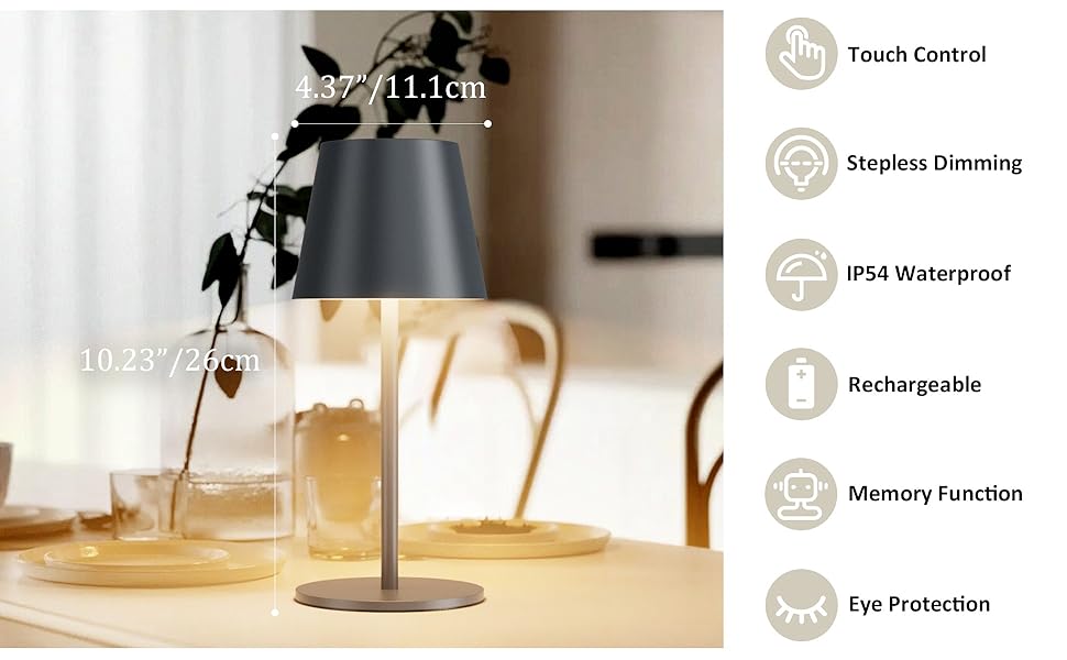 Акумуляторний LED світильник настільний 2 шт, 26 см, 5000mAh, 3W, теплий білий (3000K), водонепроникний IP54, для ресторану, спальні, бару, антрацит