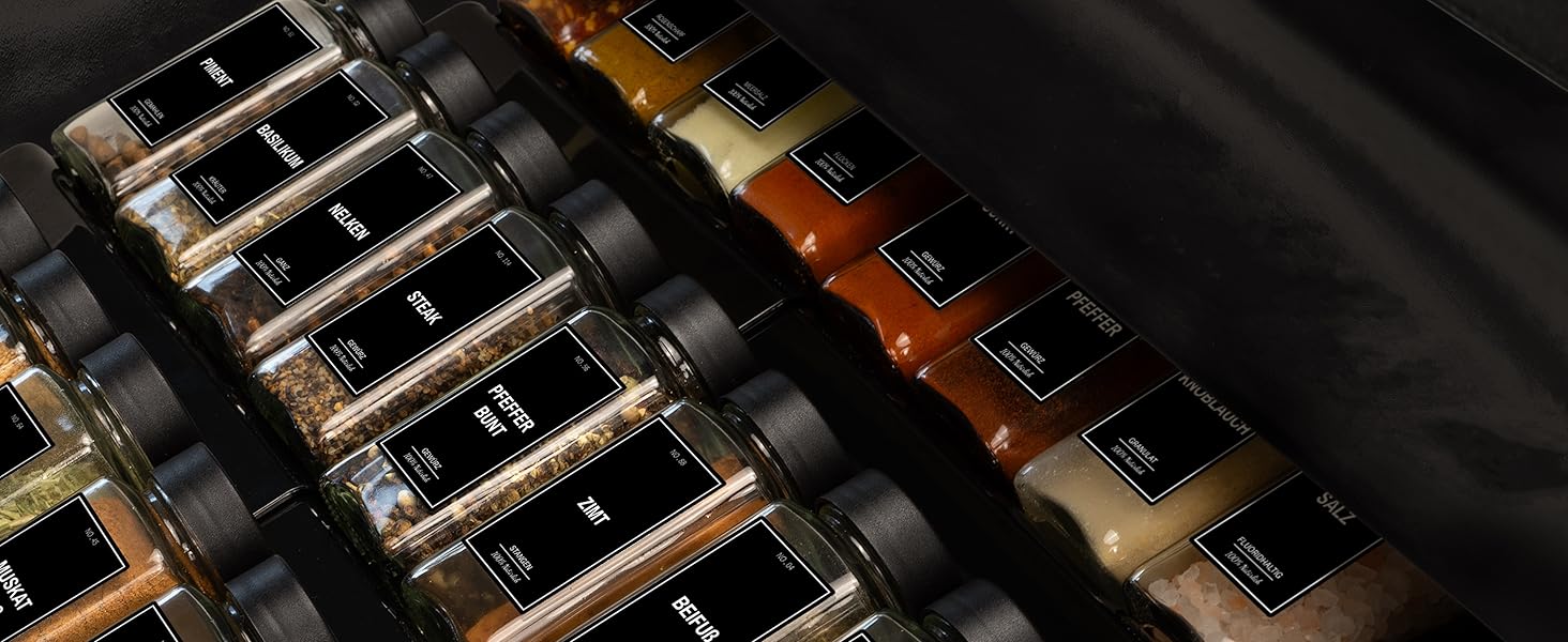 Spice Jars with Rack [24 x 120ml] including 300 Spice Labels [DE] - Spice Rack with Jars - Spice Organizer Drawer - Spice Rack Drawer with Jars Spice Rack System Black