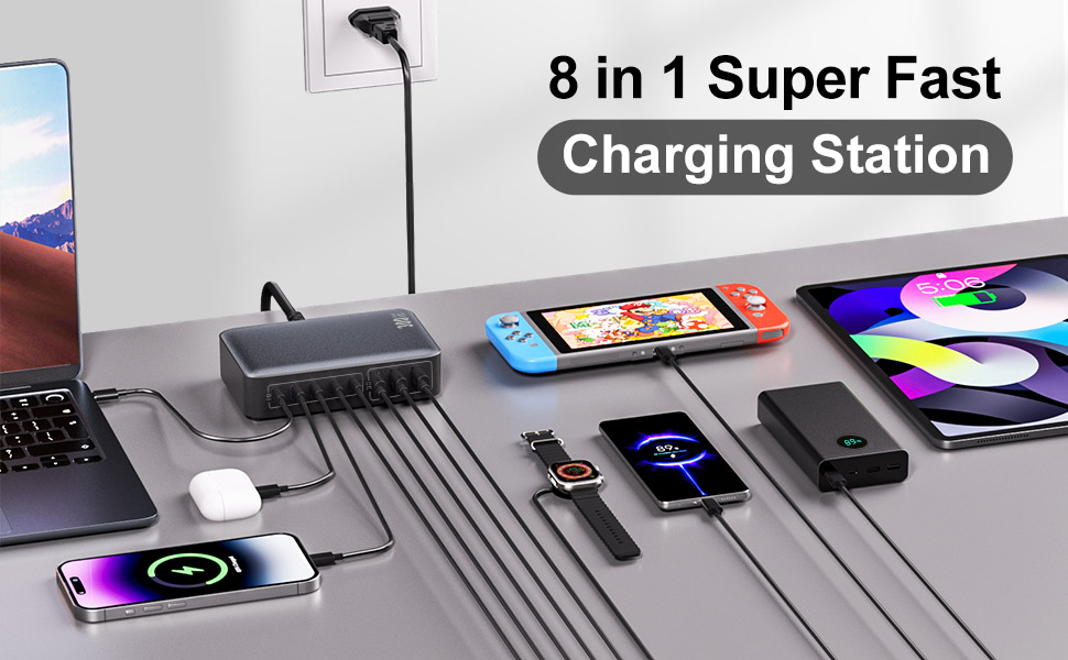 Зарядний пристрій USB-C 8-в-1, 300W, GaN адаптер для MacBook, iPhone, iPad, Samsung, ноутбуків – швидка зарядка PD