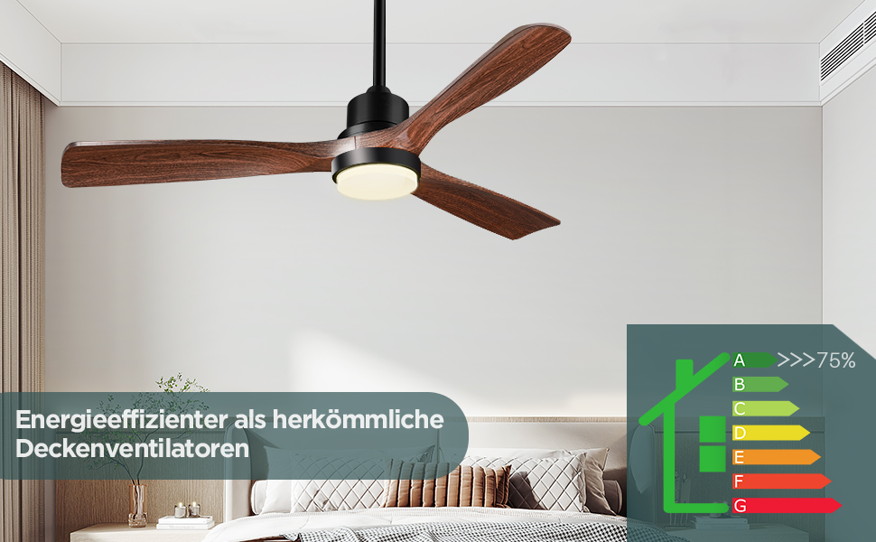 Стеляний вентилятор з підсвічуванням та пультом керування, тихий DC двигун, 132 см, 3 дерев'яних лопаті, таймер, 6 швидкостей, сертифікат ETL, режим літо/зима для спальні, коричневий
