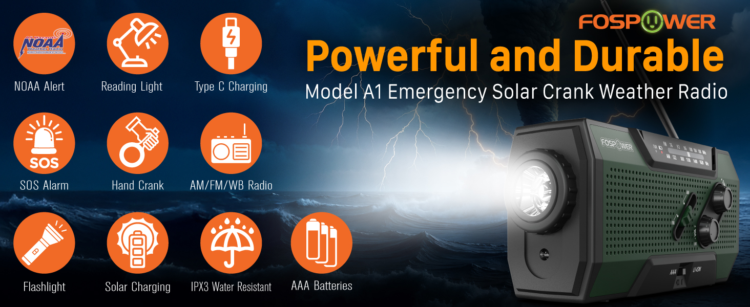 Радіоприймач FosPower NOAA/AM/FM з Power Bank 19240 мАг (5200 мАг) - сонячна/USB зарядка, ручний генератор, SOS-сигнал, ліхтарик, помаранчевий (Модель A1)