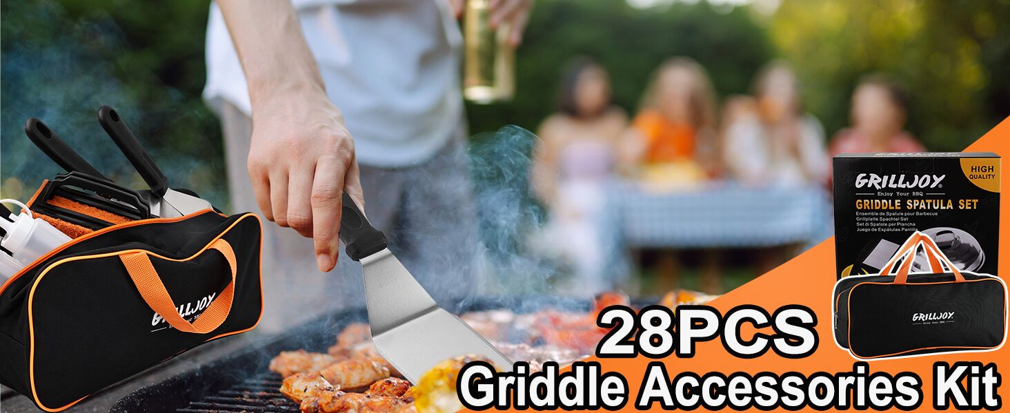 Набір аксесуарів для гриля Grilljoy Plancha: набір для Blackstone, прес для Smash Burger, лопатка, дзвоник, 28 предметів. Підходить для тепаньякі та вогняної плити.