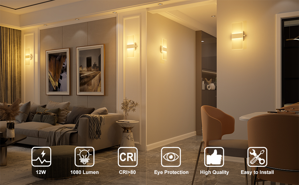 LED настінне освітлення ChangM 2 шт. 12W з вимикачем, диммер, акрил, тепле світло 2700K для дому, вітальні, спальні, сходи, коридору
