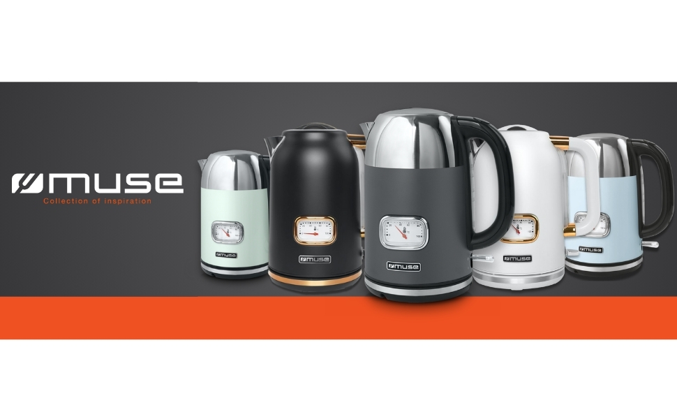 Електричний чайник зі сталі Muse Retro з аналоговим термометром, фільтром, прозорою шкалою, об'ємом 1,7 л, автоматичним відключенням, матовий золотий (MS-030 BC) (Сірий)