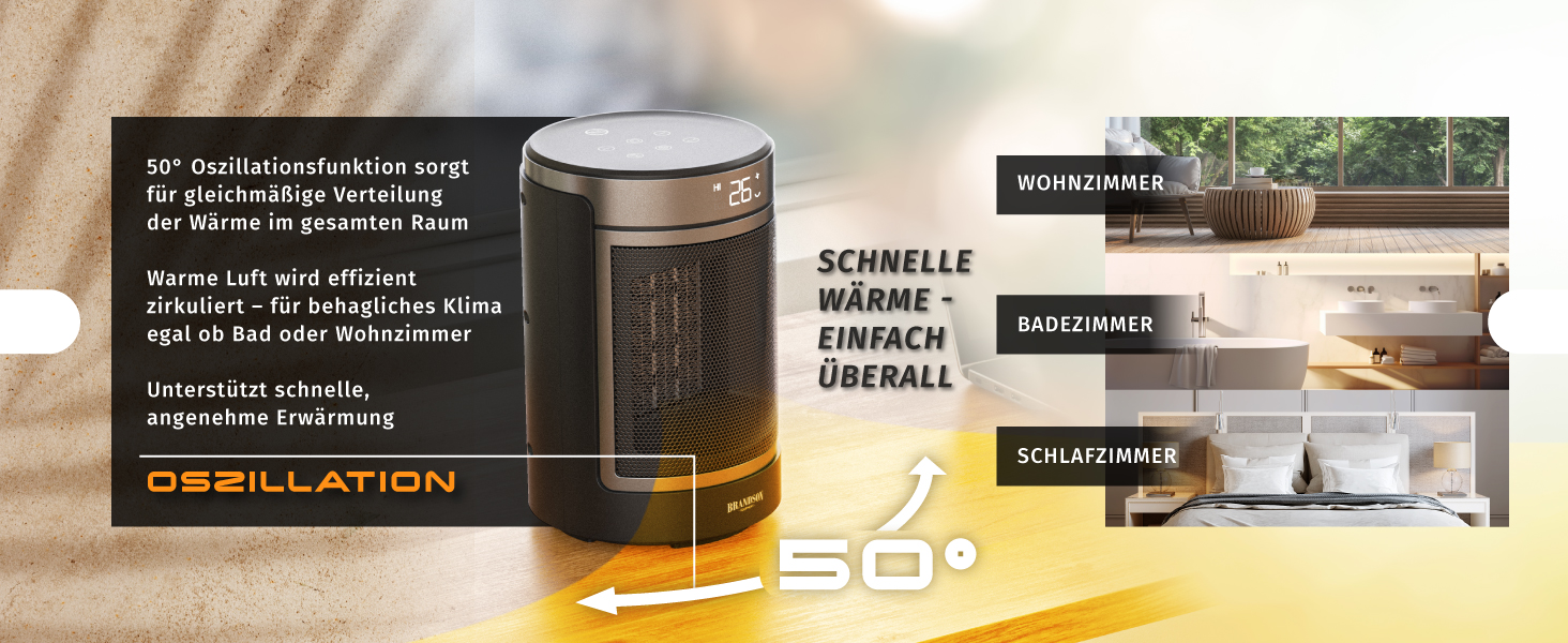 Електричний обігрівач Brandson з пультом керування, ECO-режим, осциляція 50°, 2 режими нагріву, захист від перегріву та перекидання