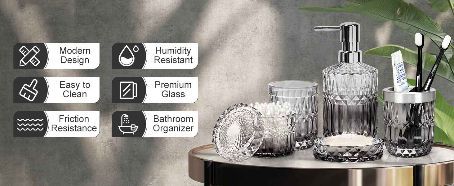 Набір аксесуарів для ванної кімнати зі скла, 5 шт. (мильниця, дозатор мила, стакан, тримач для зубних щіток, контейнер для ватних паличок), чорний