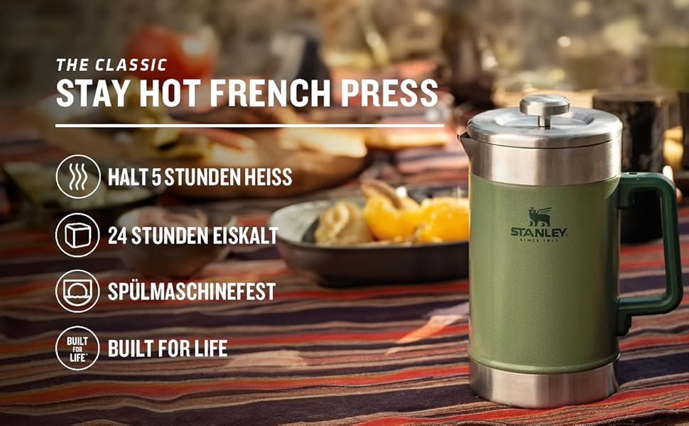 Stanley Classic Stay Hot French Press 1.4L Hammertone Green - Keeps drinks hot for 4 hours - Minimal sediment - Integrated stainless steel coffee press - BPA-free - Dishwasher safe