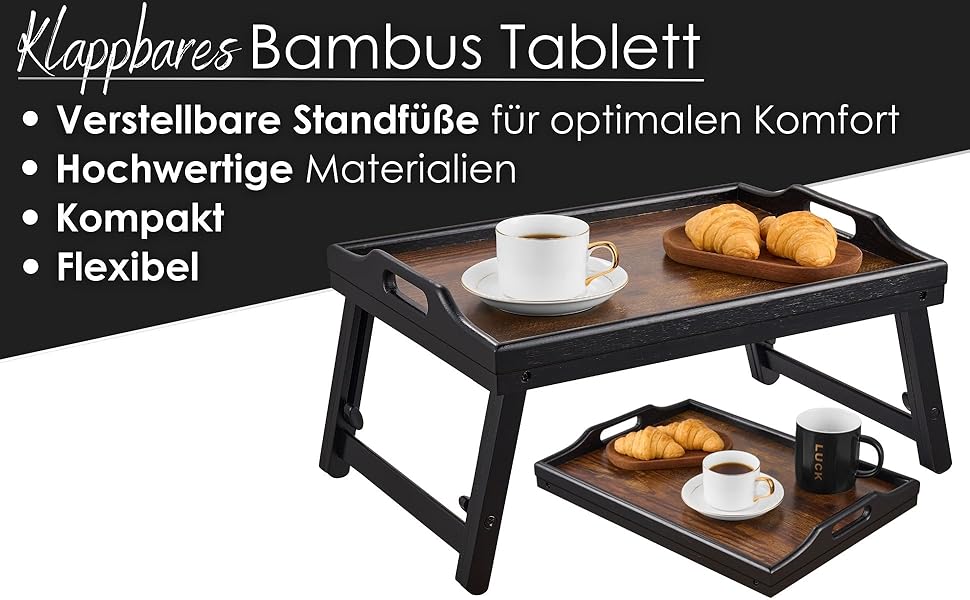 Складаний бамбуковий столик з регулюванням висоти для ліжка та дивана (22,5-32 см) – ноутбук, сніданок, стійка для ноутбука, сніданок, вінтажний колір, бамбук