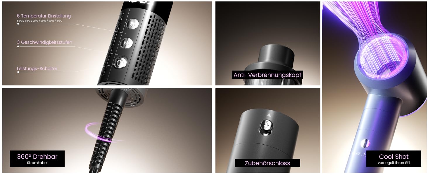 Фен-щітка Hairstyler 6 в 1: для локонів, об'єму, випрямлення та сушіння волосся, 1400W, 110000 обертів/хв, сірий