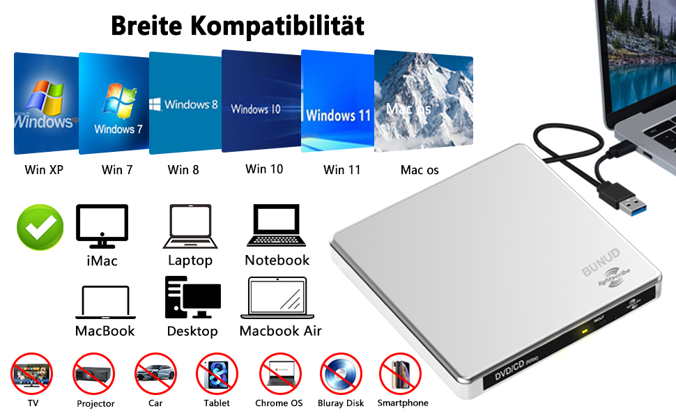 Зовнішній DVD-накопичувач BUNUD Lightscribe для Mac та Windows: USB 3.0 Type-C, DVD-записувач з картридером SD/TF та 2 USB-портами для MacBook, iMac, ноутбуків та PC