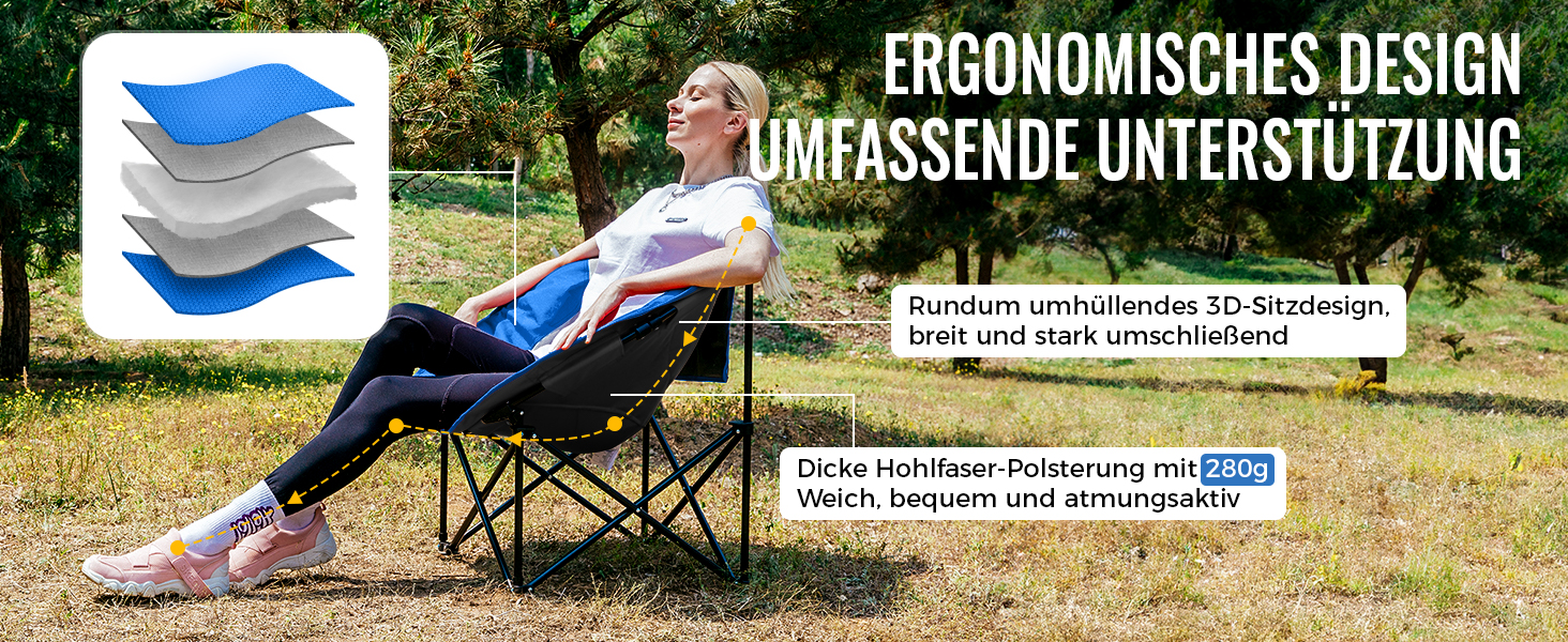 Крісло для кемпінгу KingCamp Moonchair XXL: зручне, м'яке, для відпочинку на природі, саду, риболовлі. Макс. 205 кг, з кишенею для напоїв та високою спинкою (Блакитний)