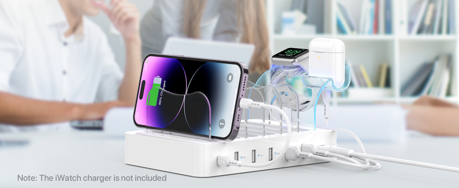Зарядна станція SooPii USB 60W/12A, 6 портів з PD 20W для iPhone/Samsung, тримач для Apple Watch, 6 кабелів у комплекті - біла