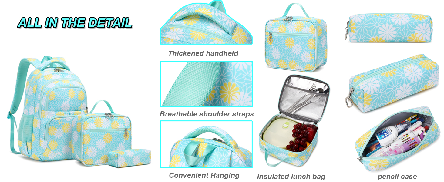 Шкільний рюкзак ZHIERNA для дівчаток-підлітків: набір з ланч-боксом та пеналом, блакитний
