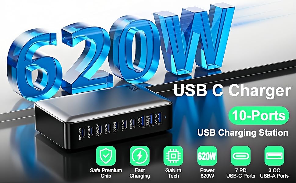 Зарядний пристрій USB-C 620W, 10 портів: Швидка зарядка PD PPS 100W, USB-C для MacBook Pro/Air, iPad, iPhone 16/15/14/13/12 Pro Max, Samsung