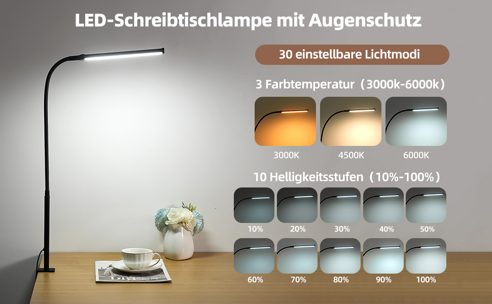 LED лампа для столу з кріпленням, регульована світлодіодна лампа з 3 кольорами та 10 рівнями яскравості, захищає зір, лампа для роботи, чорна