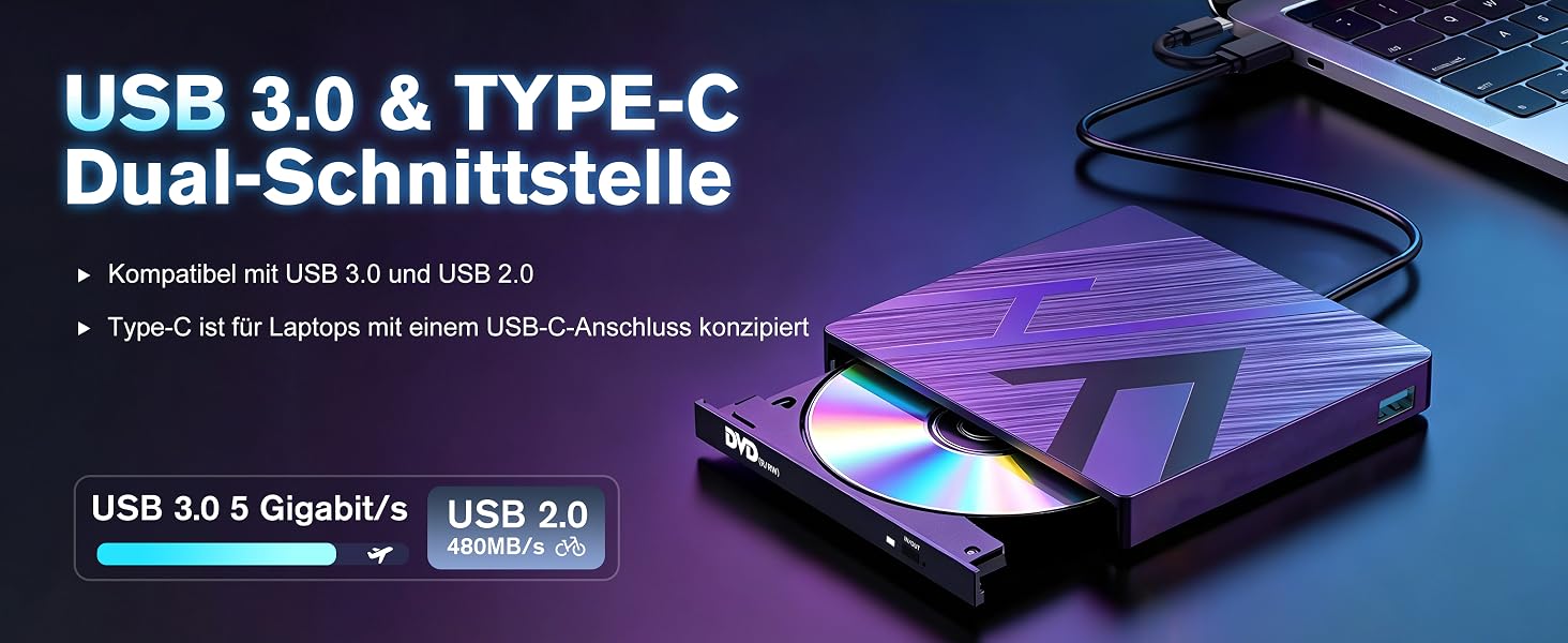 Зовнішній CD/DVD привід varkda USB 3.0 та USB-C, портативний оптичний накопичувач та записувач для ноутбука, ПК, Mac, Windows, Linux (8 в 1, чорний)