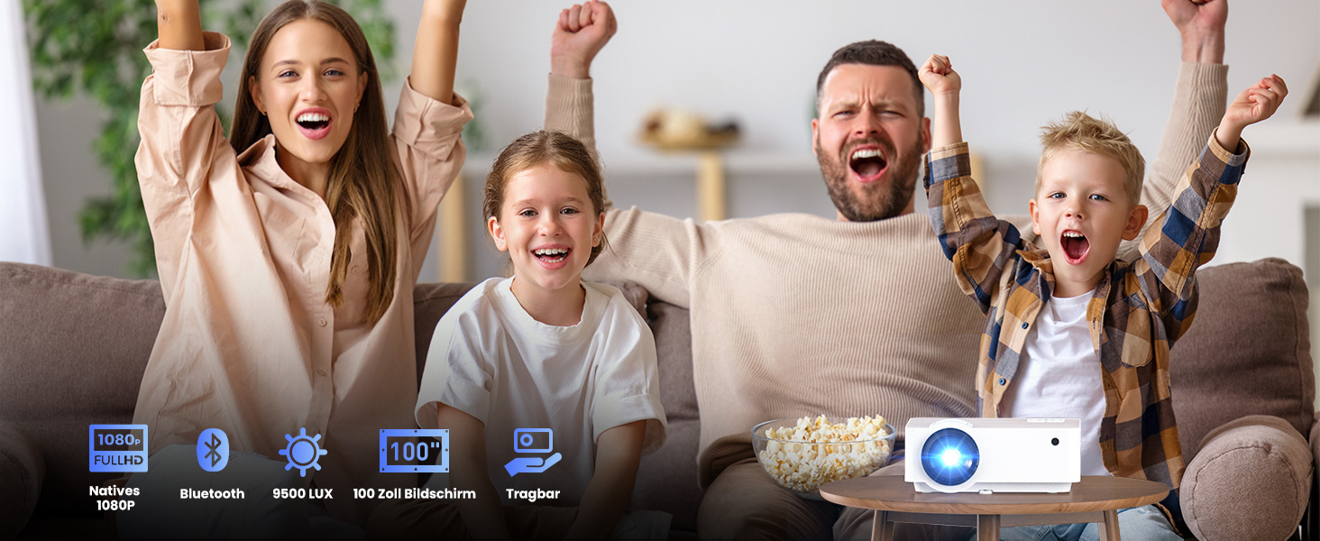 HOPVISION Beamer: Міні проектор Full HD 1080P з Bluetooth 5.1, 9500 Lumens, 4K підтримка, для дому та вулиці. Сумісний зі смартфоном, HDMI, USB, Pad, Fire Stick, PS5