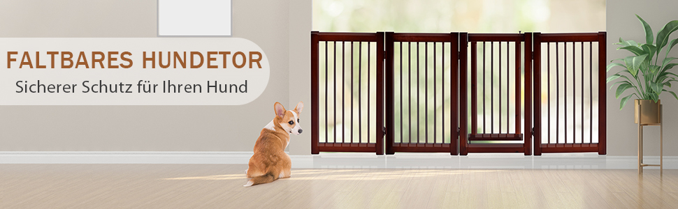 Захисний бар'єр для собак COSTWAY 76 см, 4 панелі, дерев'яний з хвірткою, для дому, дитячий, складний, коричневий