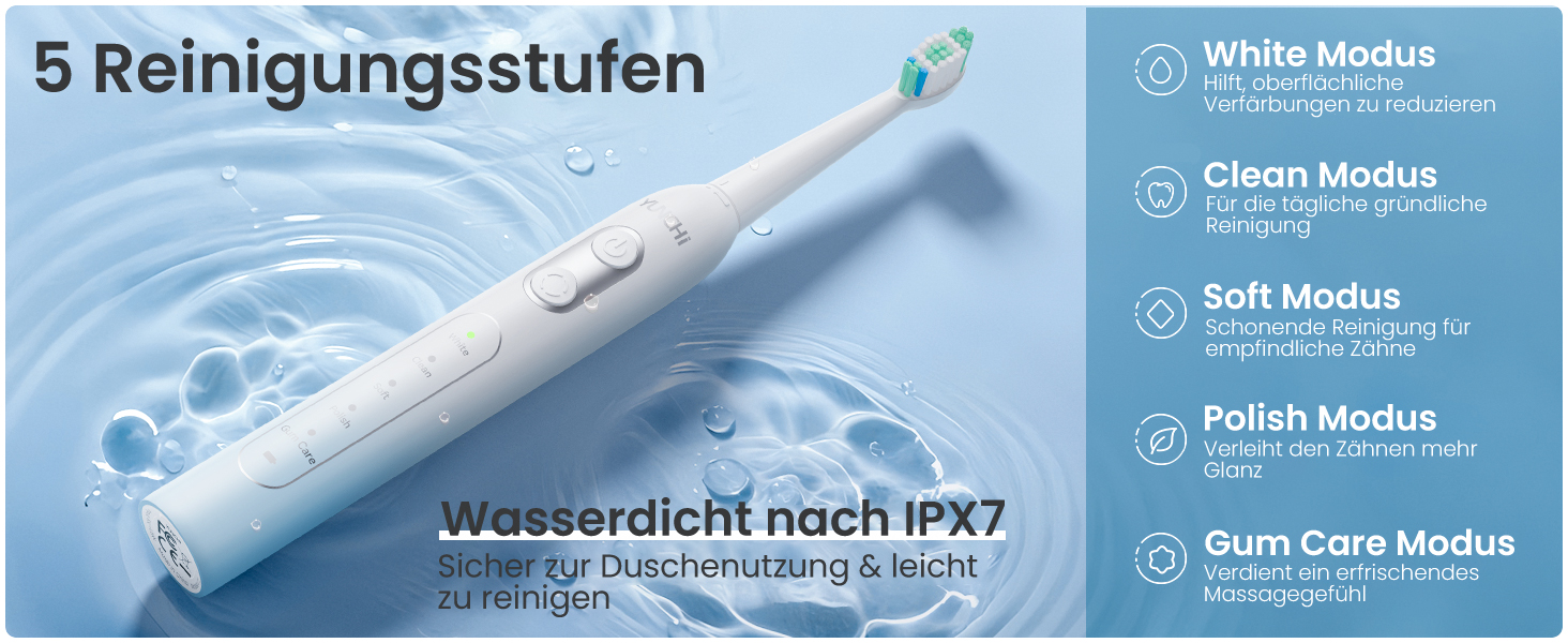 Електрична зубна щітка YUNCHI C2 з 40000 VPM, звукова щітка для дорослих, USB-C зарядка, 55 днів роботи від акумулятора, 5 режимів чищення, таймер 2 хвилини, 8 насадок, дорожній футляр, чорний (C2 небесно-блакитний та білий)