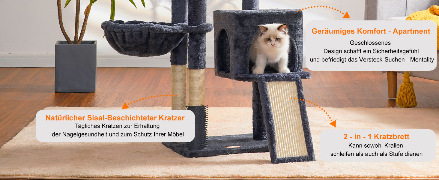 Котячий будиночок Heybly з котячою щіткою, котячий будиночок для домашніх котів з оббитою лежаком з плюшу, котячий когтетоп з кошиком, когтеточкою та когтетопом, сірий HCT005SG