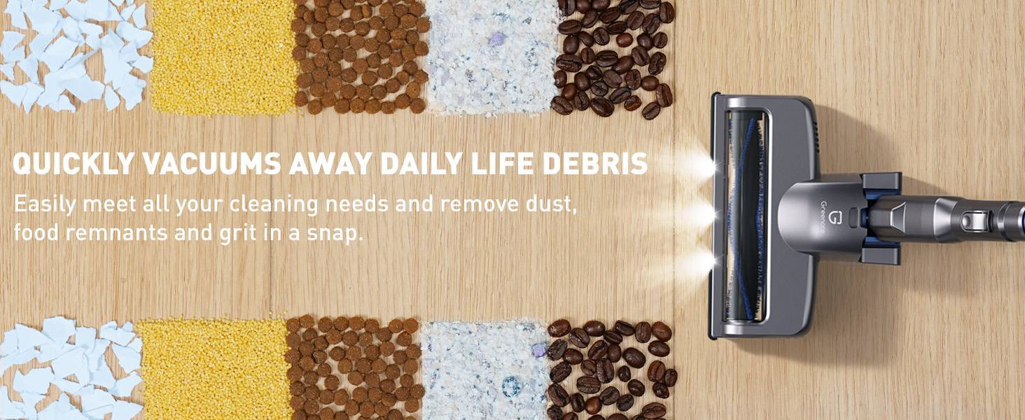 Greenote Бездротовий акумуляторний пилосос: 30 хв роботи, LED, насадка для щілин та м'яка щітка, паркування, для твердих поверхонь та шерсті тварин
