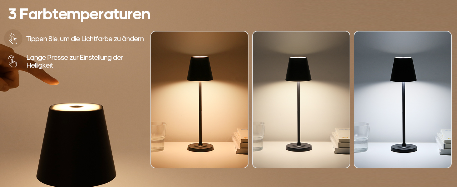 Світлодіодна настільна лампа 3-в-1 бездротова з акумулятором 5500mAh, регульована висота, димування, 3 кольори світла - USB акумуляторна настільна лампа металева водонепроникна сенсорна для дому та вулиці, чорна (набір 2 шт.)