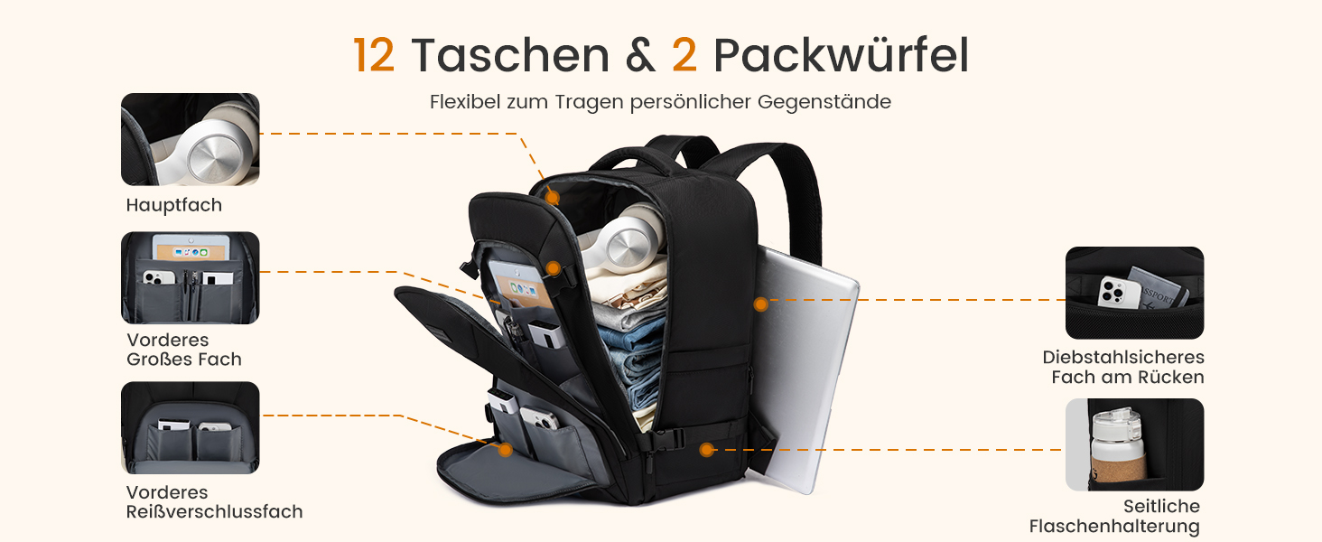 LOVEVOOK Рюкзак ручної поклажі 40L, великий розширюваний туристичний рюкзак для чоловіків, рюкзак для ноутбука 17 дюймів, валіза-рюкзак, ручна поклажа для подорожей, чорний