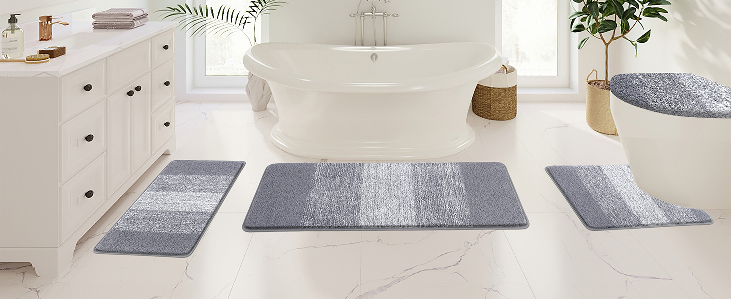 Enyhom 4-Piece Microfiber Bath Mat Set - Non-Slip Bathroom Rugs & Toilet Lid Cover (Grey, 45x65cm, 45x120cm, 50x60cm, 48x53cm)