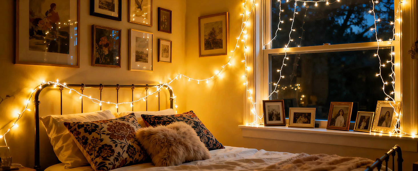 Льонокотова гірлянда світлодіодна 20 метрів, 200 LED, зовнішня, з пультом, таймер, IP65, тепле біле світло, для декору саду, ялинки, балкону, кімнати