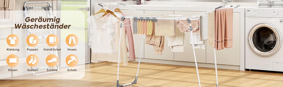 Сушарка для білизни KINGBOARD розкладна велика, крилатий сушарка висувна 174x97x156 см, стійка сушарка з антиковзними ніжками для дому та вулиці, біла