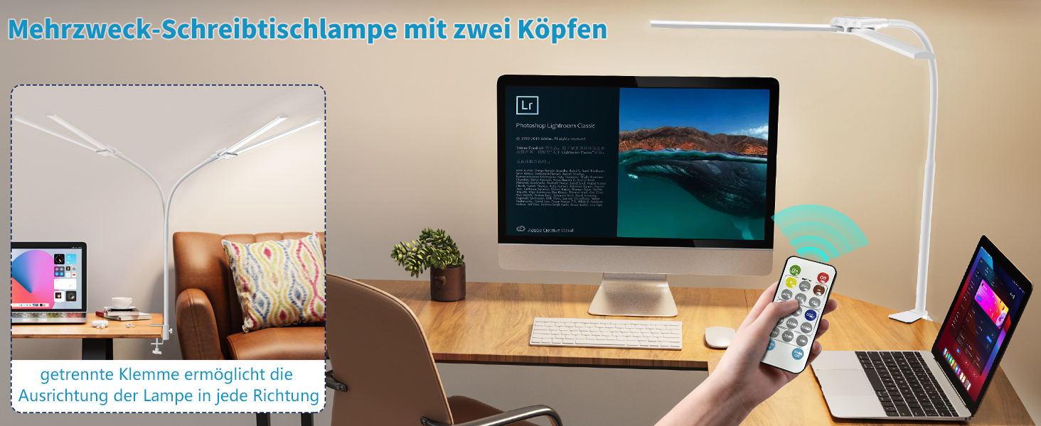 LED лампа для столу KableRika з двома головками, регульована яскравість, з пультом дистанційного керування, захист очей, для офісу та дому, денне світло, освітлення монітора