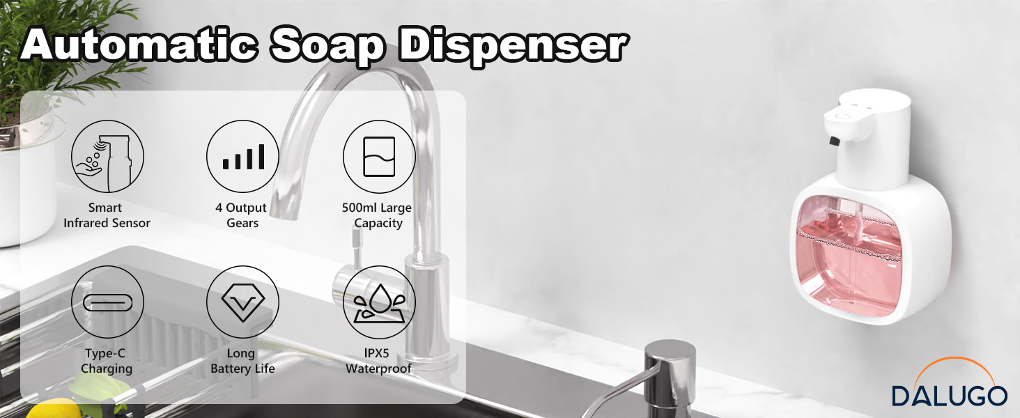 Автоматичний диспенсер для мила Dalugo з USB-C, 500 мл, настінний, електричний сенсор, регульований, для кухні та ванної кімнати