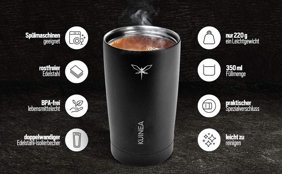 Термокружка для кави KUINEA To Go 350 мл, нержавіюча сталь, 6 годин тепла, з гігієнічним клапаном, без BPA, зелена