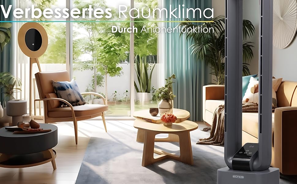 Турбовентилятор Echos Golo Grey: тихий, з пультом, осциляція, LED-дисплей, 3 режими, 12 швидкостей, таймер 15h