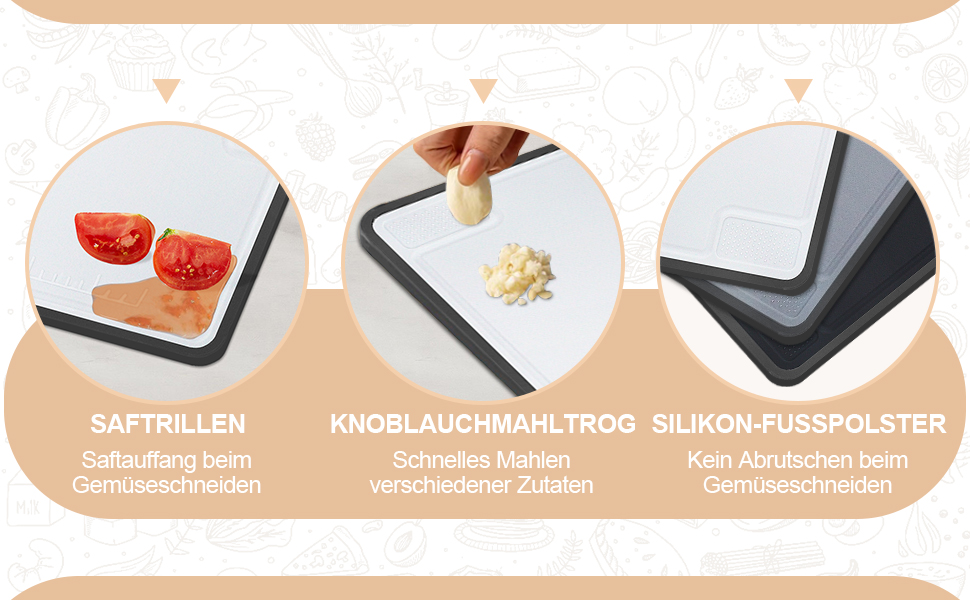 Набір з 3 дерев'яних обробних дощок для кухні, 35x23 см, антибактеріальні, BPA Free, з жолобками для соку та неслизькими ручками, чорний/сірий/білий