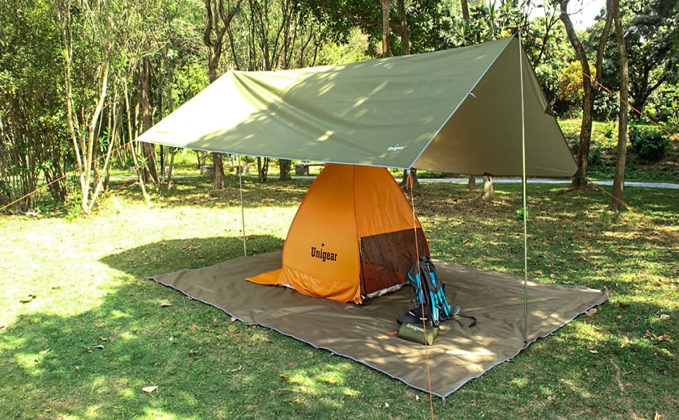 Тент Unigear 3x3/3x4/3x5/4x4 м, водонепроникний, для кемпінгу, гамака, з кільцями, 6/8 кілків + мотузки, сірий