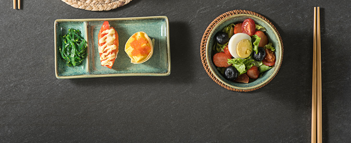 Набір посуду для суші HENXFEN: 2 тарілки, ложки, миски, зелений блиск