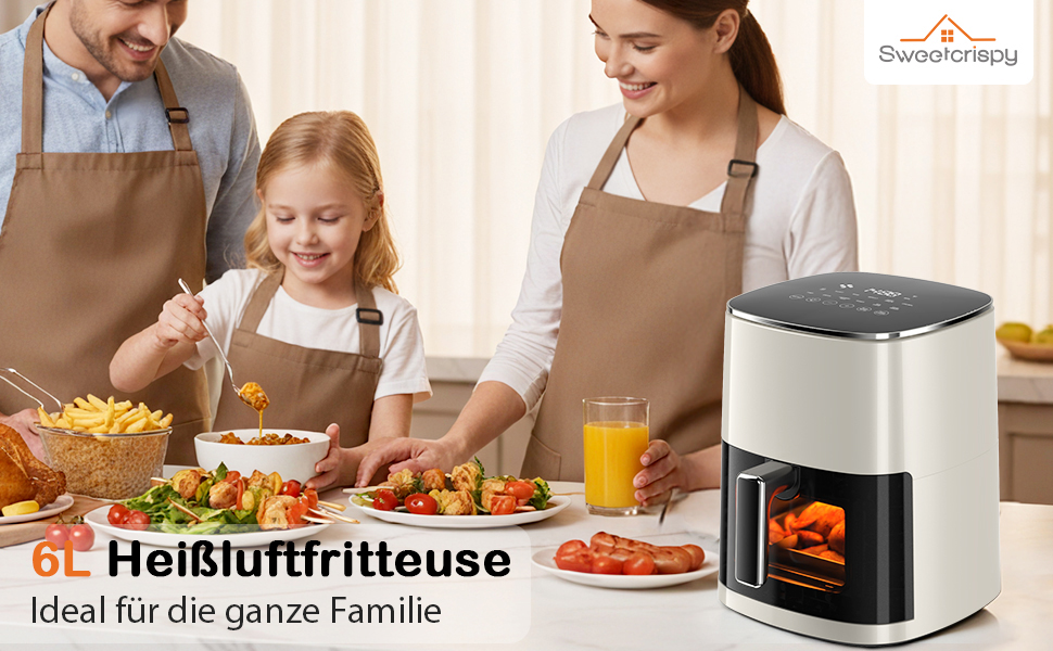 Фритюрниця Sweetcrispy Airfryer 6L з вікном, 12-в-1, сенсорний екран, антипригарний кошик, для 3-6 осіб (Бежева)