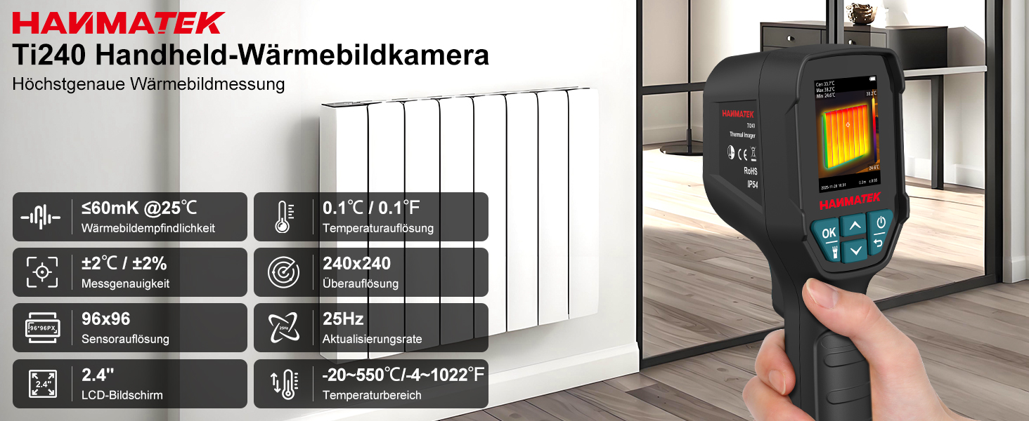 Тепловізор HANMATEK Ti240 для виявлення температурних аномалій та полювання: роздільна здатність 240x240, діапазон температур -68°F до +752°F, акумулятор