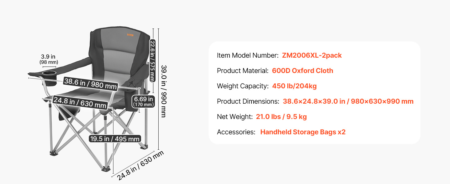 Складні кемпінгові крісла VEVOR 2 шт, надміцні (204 кг), з підлокотниками та підсклянником, для риболовлі та відпочинку на природі