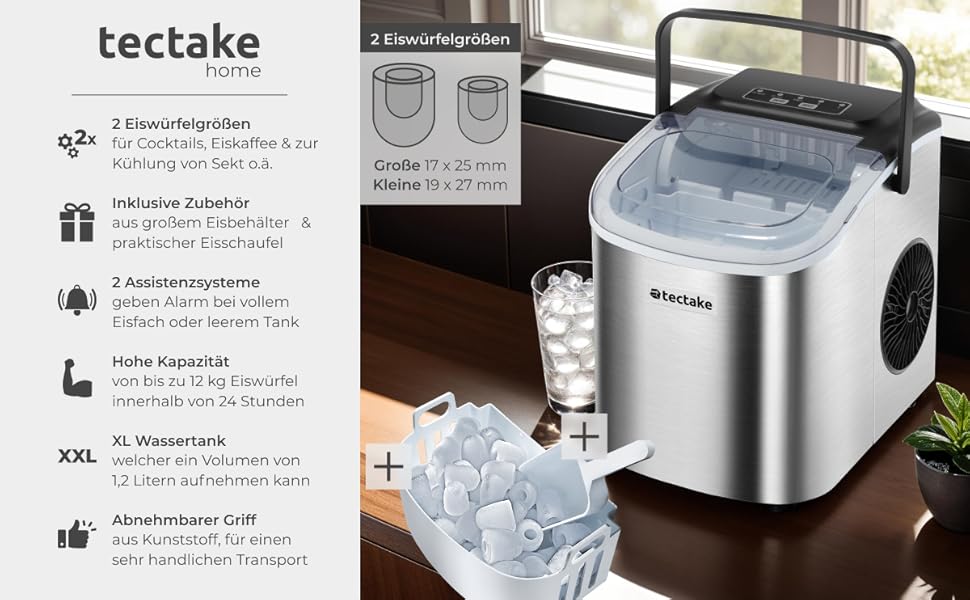 Машина для приготування льоду tectake® - приготування 9 кубиків за 6 хвилин, 12 кг за 24 години, об'єм 1,2 л, 2 розміри кубиків, самоочищення, з лопаткою для льоду, срібна