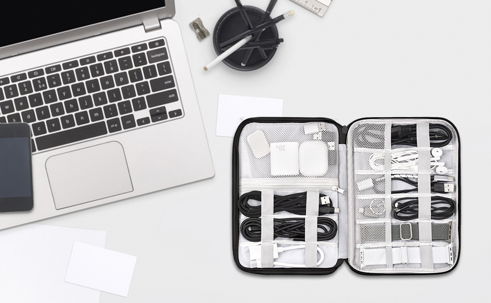 Організатор для аксесуарів Arae Elektronik: кабельна сумка, Travel Essentials, подвійний шар, для зарядних пристроїв, USB, SD картки (Синій, L) Сірий L