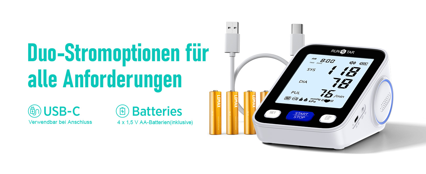 Тонометр RunStar на плече з широкою манжетою (22-42 см) для дому, автоматичний цифровий тонометр з сумкою для зберігання, пам'ять на 2 x 99 показників