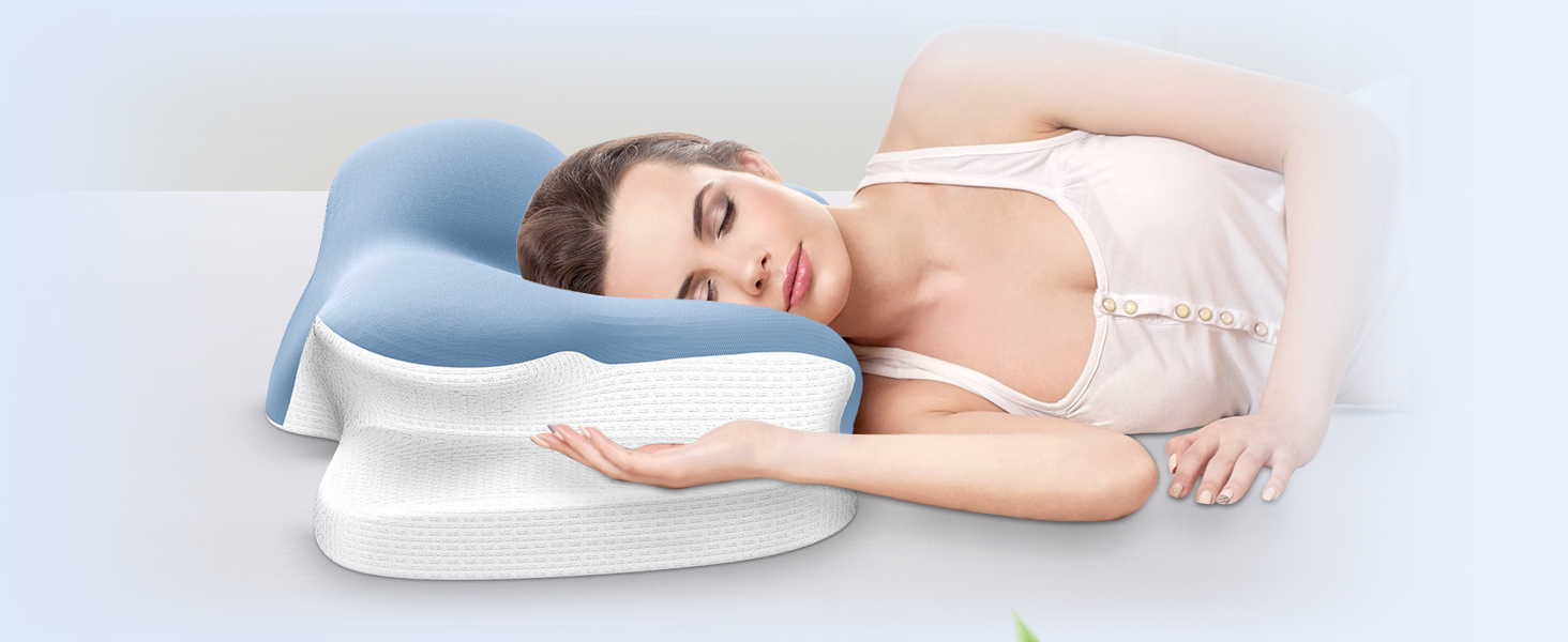 Подушка для шиї Ehomfory з ефектом пам'яті, дихаюча, ергономічна, для сну на боці, спині та животі (Блакитна)